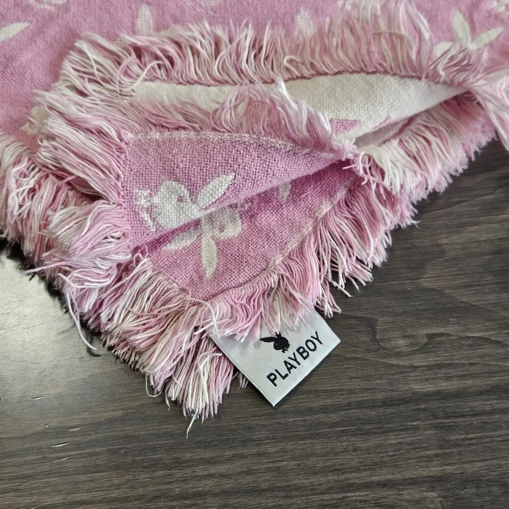 Vintage 2004 Playboy Bunny Reversible Throw Blanket Pink Cream Y2K Fringe